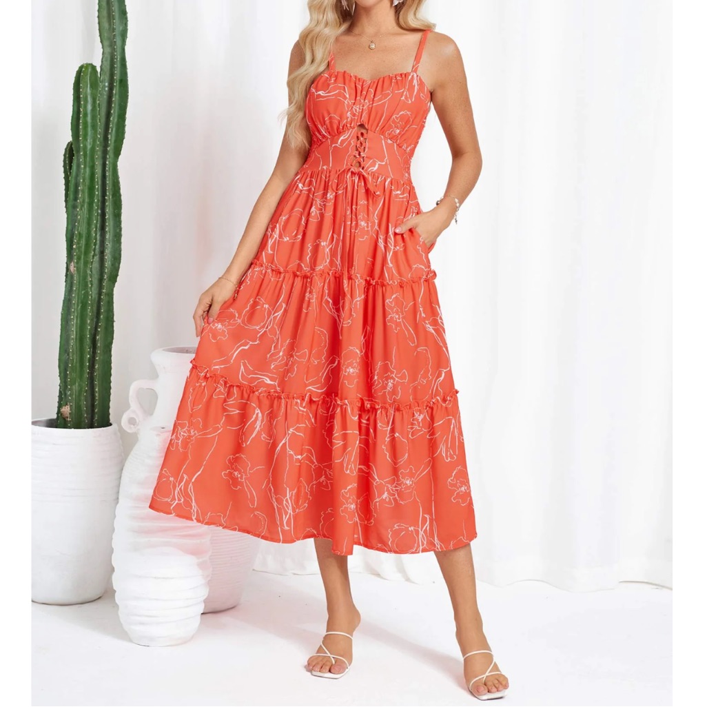 Grace Karin Floral Midi Dress Orange Tiered A-Line Size M Nwot Summer